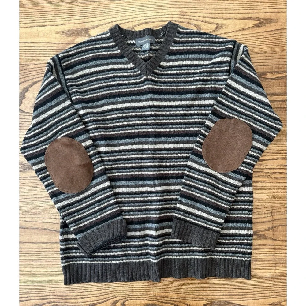 Banana Republic Men's‎ XL 100% Lambswool Striped Suede Elbow Pads Knit Sweater